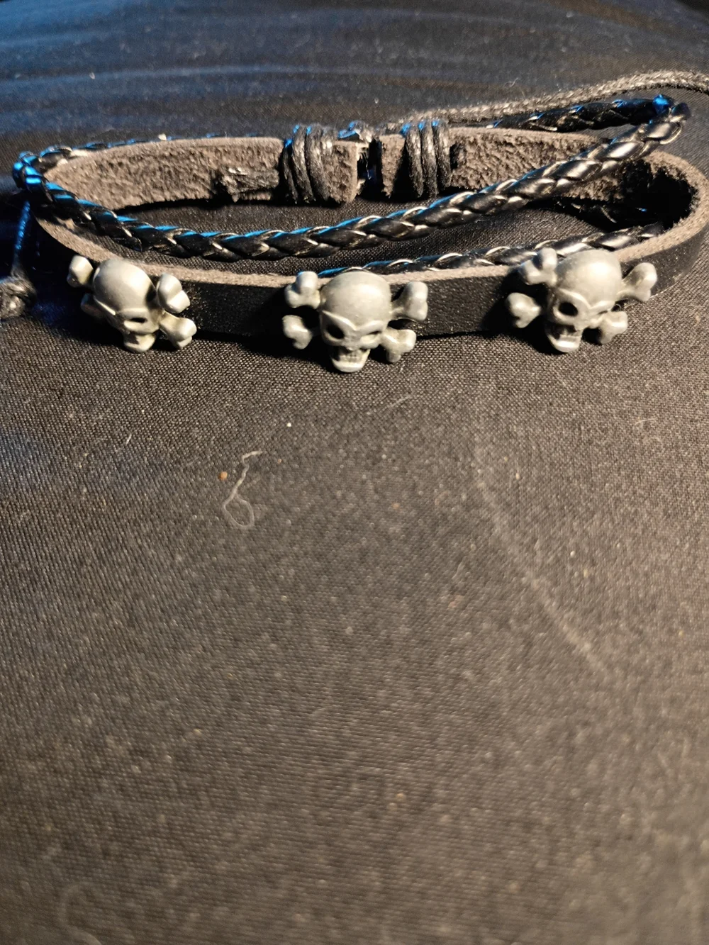 Skull Accent Black Leather Cord Bracelet